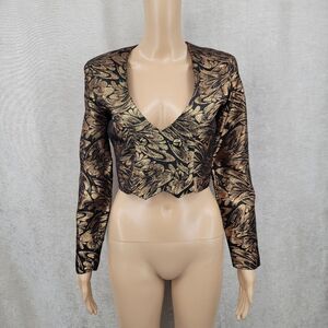 Vintage Gold and Black Brocade Cropped Jacket Double Breasted Blazer Western